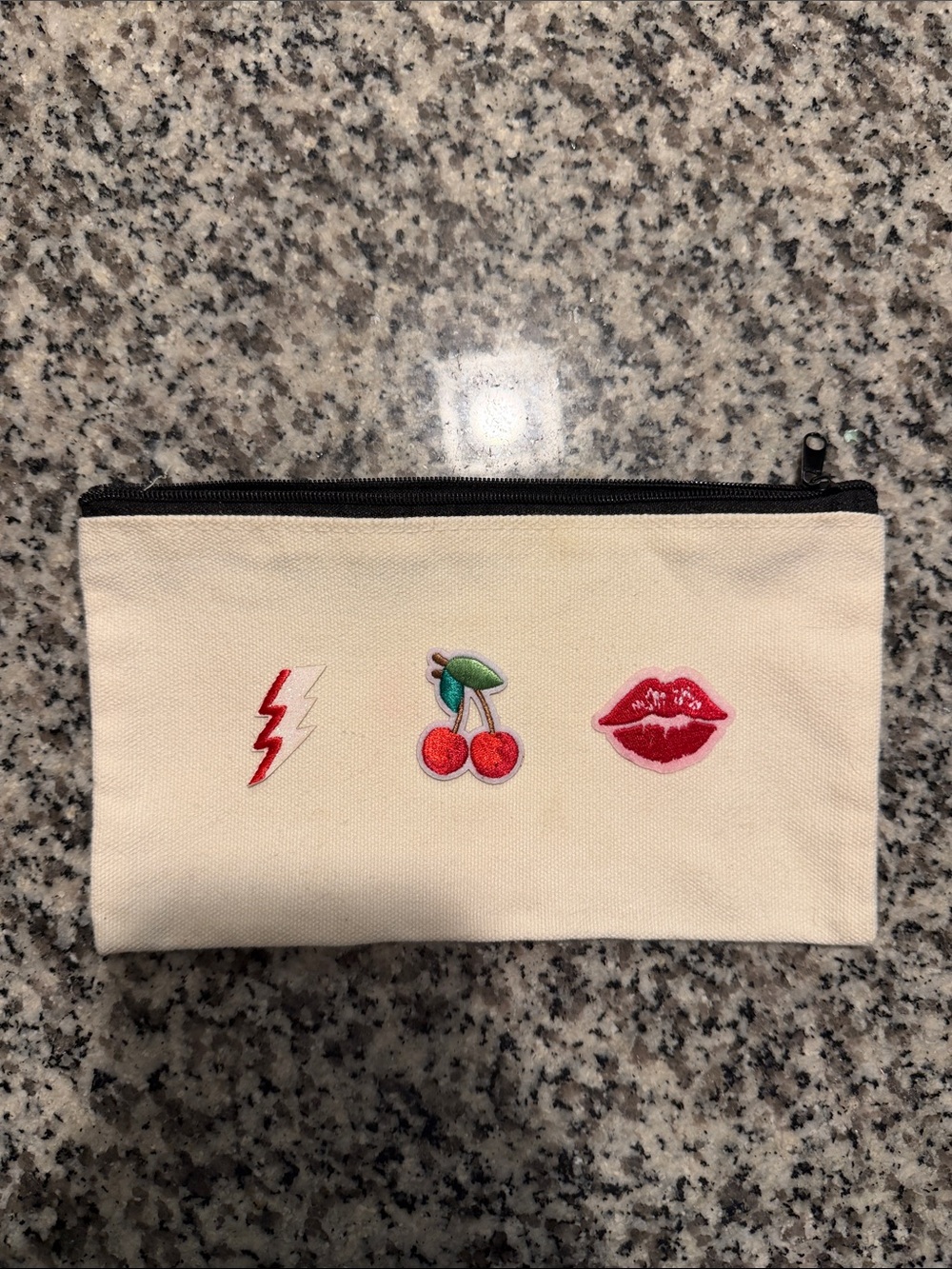 Canvas Cherry & Lip Patch Zip Pouch - Cream